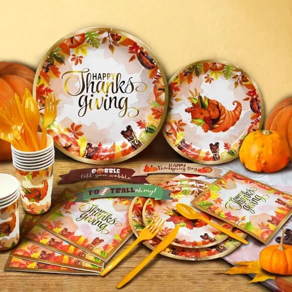 Elegant 252-Piece Thanksgiving Party Decorations Kit with Dinnerware & Balloons